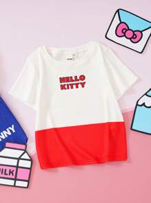 HELLO KITTY AND FRIENDS | SHEIN 年轻女孩卡通骑自行车印花红色 T 恤，俏皮可爱