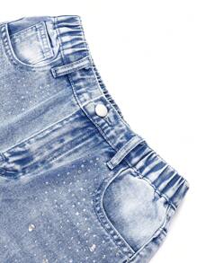 Tween Girl' Fashionable Casual Rhinestone Washed Denim Straight Leg Jeans - Medium Wash - View 6