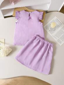2pcs Set Girls Stylish Pearl 3D Floral Design Top With Skirt Suit, Elegant Princess Outfit, Summer - Purple - View 2