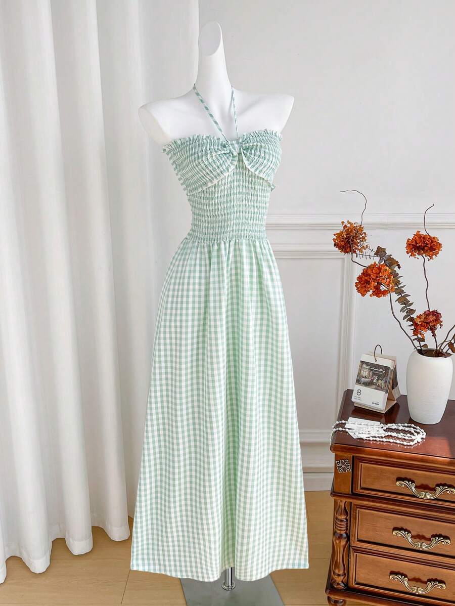 Sweetra Women's Spring/Summer Frill Plaid Loose Swing Dress - Green - View 1