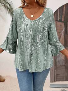 Áo thun nữ cổ tròn tay 3/4 in họa tiết kỹ thuật số thường ngày cỡ lớn cho nữ - màu xanh lá - Xem 4