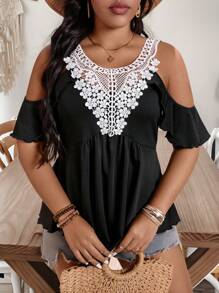 SHEIN LUNE Plus Size Women Shoulder Top With Lace Trim And Contrast Color Panels - Black and White - View 5