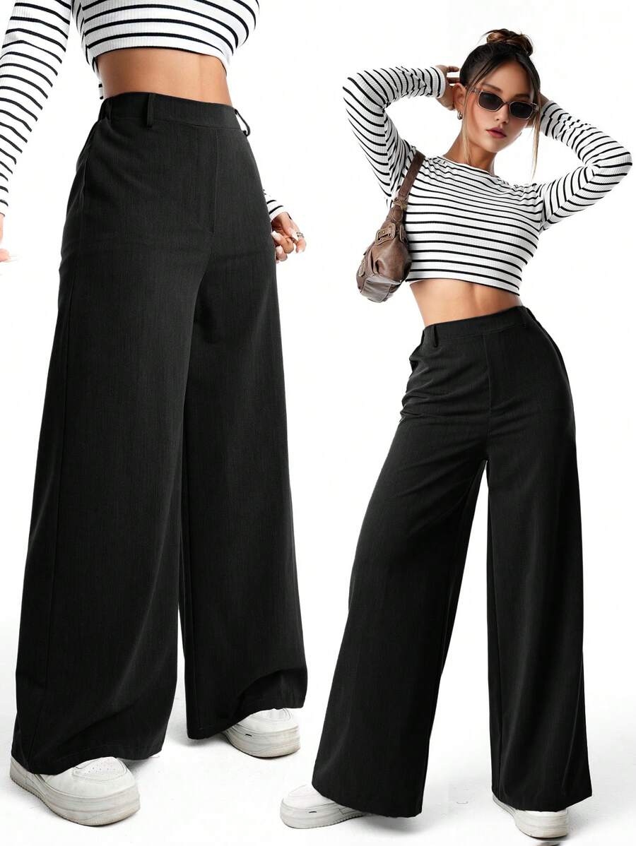 SHEIN Sparklyn Quần ống rộng màu trơn thanh lịch cho bé gái tuổi teen - màu đen - Xem 1