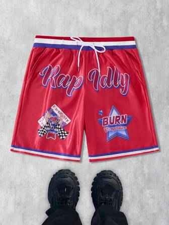 Prep Pantaloncini casual da uomo con stampa di lettere, in vita con coulisse, effetto lucido