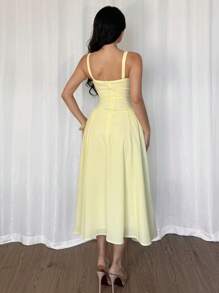 Firerie 女士优雅简约夏季海滩度假黄色褶皱纹理面料吊带背心中长款 A 字裙 - 黃色 - 查看 3
