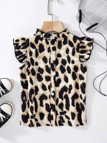 Blusa de manga corta con botones y estampado de lunares y leopardo con volantes para niñas