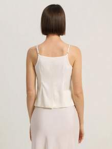 BELROSIE Minimalist Romantic Rose Decor Women's Slim Fit Sleeveless Crop Spaghetti Strap Top With Square Neckline Elegant FashionableOld Money Style - Beige - View 2
