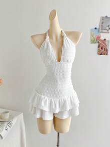 Soleia Damen Urlaubs-Strick-Knitterstoff-Romper mit tiefen V-Ausschnitt am Träger, gerüschtem Saum, geeignet für Party, Date, Nachmittags-Tee, Modemeile und Urlaubsoutfit am Strand