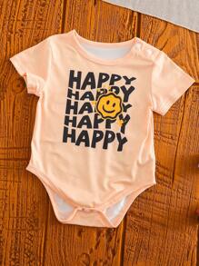 3pcs Baby Boy Summer Outfit Set: Solid Color Knit Fabric Elastic Romper With Round Neck Short Sleeves, Joyful English Letter Contrast Color Signature Print, Minimalist Sunlight Design, Casual And Comfortable For Outdoor, Home, And Sports Wear
