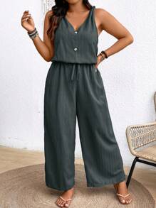 SHEIN Frenchy 大码 Earthy Clothes 纹理绉纱吊带连体裤，带蝴蝶结腰部和 V 领 - 深灰色 - 查看 6