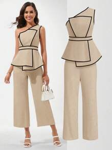 Ellevyn 1 Set Women Elegant Slash Shoulder Crop Top And Long Pants Suit