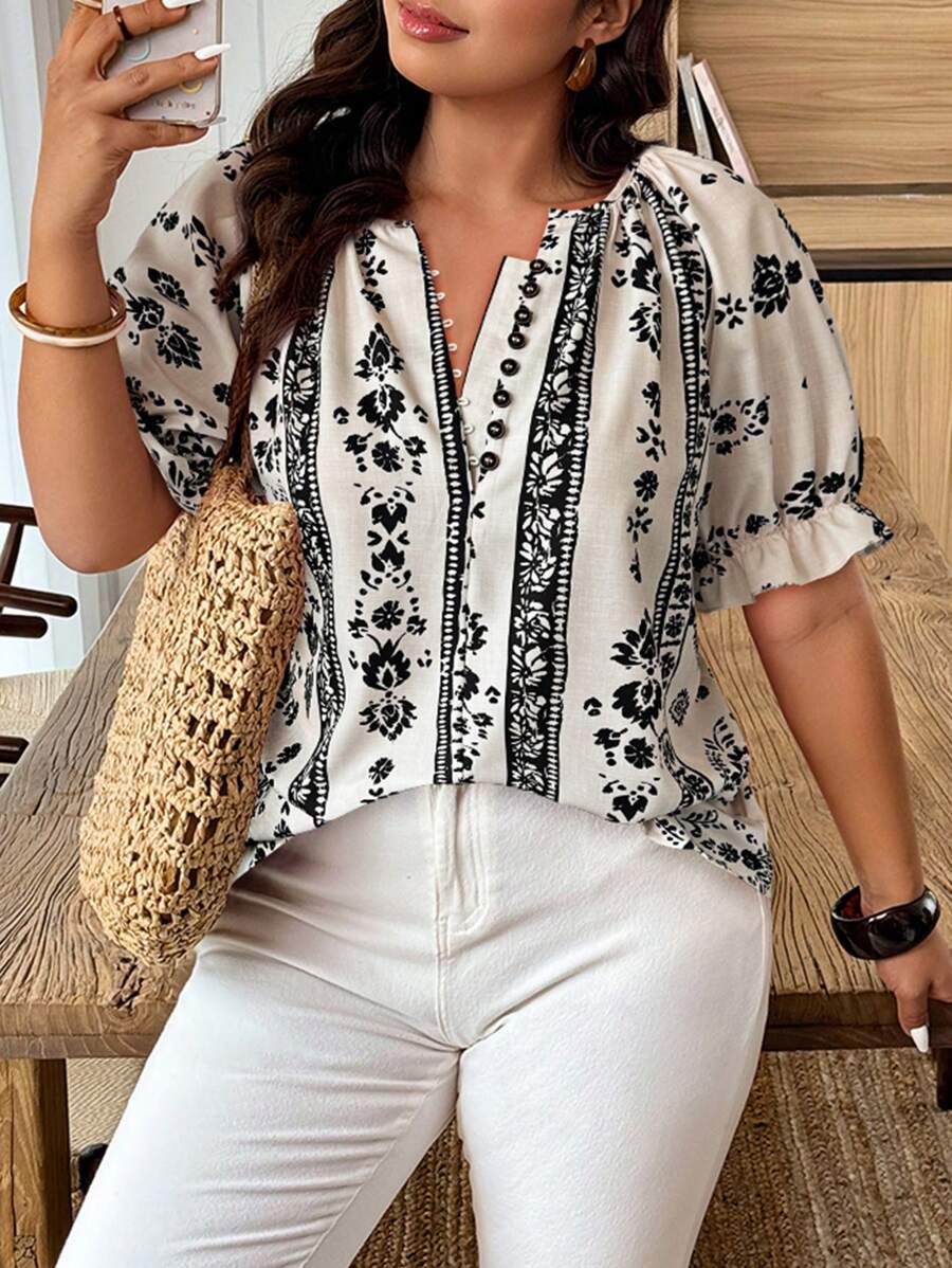 Weeklong Plus Size Floral Print Raglan Sleeve Casual Vacation Shirt - Multicolor - View 1