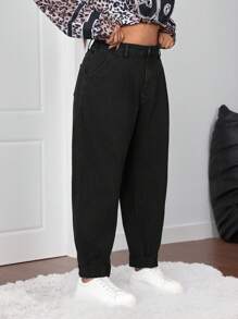 SHEIN CURVE+ 大码休闲简约纯色锥形牛仔裤 - 黑色 - 查看 4