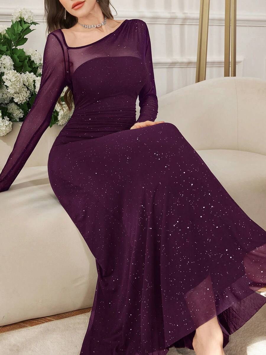 Modelyn Women Long Mesh Shiny Splicing Asymmetrical Collar Fitted Dress - Red Violet - View 1