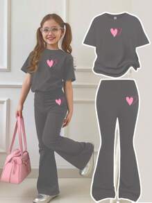 SHEIN Leap Crew 2pcs Girl's Casual Minimalist Round Neck Short Sleeve Top And Long Pants Set, Suitable For Summer - Dark Grey - View 1