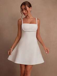Anewsta Savoree Women's Elegant White Pearl Chain Detail Spaghetti Strap Fitted Dress, Classy & Simple Luxury Fashion Cocktail Party Dress, Suitable For Summer, Beach, Festival, Holiday - White - View 6