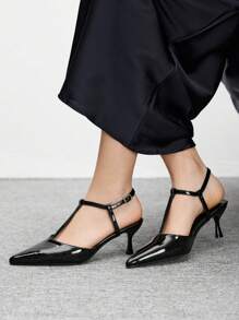 CUCCOO BIZCHIC Giày cao gót thấp gót thấp, quai ngang chữ T bằng da bóng màu đen, thời trang cho đi làm, hẹn hò, dự tiệc và các sự kiện dịp Giáng sinh. - màu đen - Xem 3