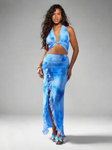 MISSGUIDED Top corto con cuello de halter y amarres en la espalda, estilo resort de verano, ideal para fiestas en la playa, festivales, conciertos y baile, hecho de tela de gasa con efecto ombre