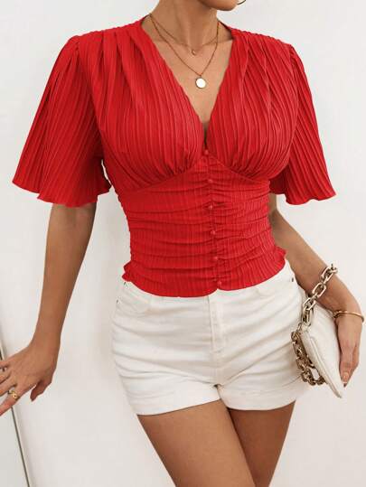 RosyDaze 女士纯色短袖V领衬衫，简约时尚，适合夏季