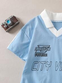 SHEIN Áo thun polo tay ngắn in chữ màu tương phản cho bé trai - Màu xanh nhạt - Xem 6