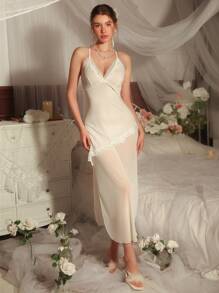 DelicateAllure Spaghetti Strap Mesh & Contrast Lace Sexy Women Nightgown, Holiday Season - White - View 5