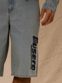 "Musero" Slogan Print Longline Denim Shorts Spring Summer Easter - Blue - View 5