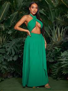 SHEIN SXY 春夏老款BOHO度假优雅休闲日常装搭配绿色仿麻面料交叉领超极上衣和高腰高开叉摆裙两件套 - 綠色 - 查看 6