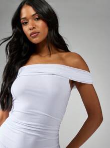 MISSGUIDED Off Shoulder Bodycon Mini Dress With Side Ruching And Drape Detail Elegant Party Club Evening Special Occasion Summer Spring Wear - White - View 4