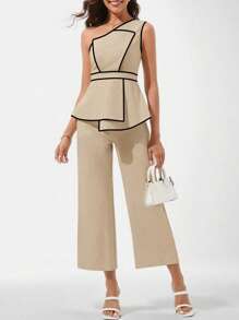 Ellevyn 1 Set Women Elegant Slash Shoulder Crop Top And Long Pants Suit