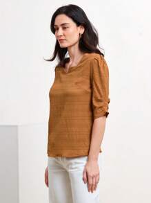 Miaspire Mulheres verão casual cor sólida texturizada plissada Camisa - Castanho - Visão 5