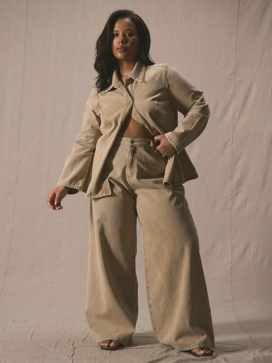 MUSERA Plus Washed Denim Wide Leg Jeans Spring, Vacation, Summer, Holiday, Elegant   Winter - Khaki - View 1