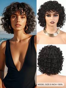 Afro Curly Human Hair Wig With Bangs Short Bob Wigs For Women Natural Color Wear&Go Glueless Wig All Day Wear - SNatural - View 2