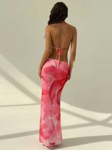 Aloruh 女士度假扎染垂坠领短款背心和美人鱼荷叶边裙性感套装夏季夏季服装夏季服装女士沙滩装海滩度假度假服装女士波西米亚风热带度假女装花卉网眼女士沙滩装女士沙滩装粉色渐变印花套装热带度假女装，夏季套装 - 粉色 - 查看 3