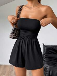 SHEIN Tall Women's Casual Pleated Loose Straight Leg Shorts, Black Jumpsuit, Spring & Summer - Black - View 5