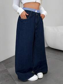 Dripcurv 大码女式蓝色拼接 Y2K 直筒牛仔裤，休闲街头风，略带学院风，是新年穿搭的完美之选。 - 深色水洗藍 - 查看 6