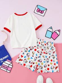 HELLO KITTY AND FRIENDS | SHEIN Tween Girl Cartoon Graphic Red Cute Sweet Top And Shorts Set - White - View 2