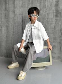 2 Stücke/Set Tween-Jungen Lässig Koreanischer Stil Buchstaben- und Grafik Muster Kurzarm Hemd und weite 7/8 Hose Set