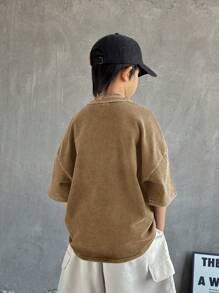 SHEIN 男童休闲水洗色宽松圆领短袖针织T恤，适合上学、花园、海滩、生日、春、夏、秋、冬等场合穿着。 - 杏色 - 查看 2