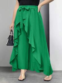 SHEIN LUNE Plus Size Women Ruffled High Waist Wide Leg Casual Pants Culottes - Green - View 5