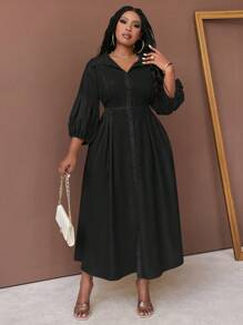 Maweii Dimensiuni plus mari, culoare solidă, guler cămașă, buton în față, mânecă mijlocie, plisată, ocazională, rochie midi, ținută maxi pentru femei