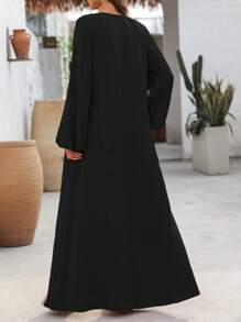 EMERY ROSE Women's Solid Color Front Tie Pocket Decor Long Casual Loose Dress - Black - View 2