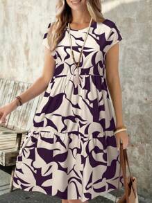 EMERY ROSE Women's Casual Geometric Print Short Sleeve Round Neck Mini Dress, Spring/Summer,Bohemia - Purple - View 5