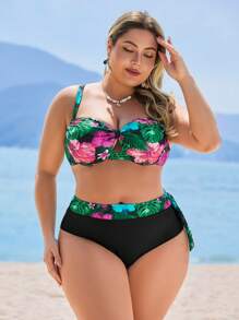 Swim Lushoire Plus Size Women 2pcs/Set Random Tropical Plant Print Asymmetrical Ruffle Top & High Waist Triangle Bikini Set, Simple Vacation & Daily Swimsuit