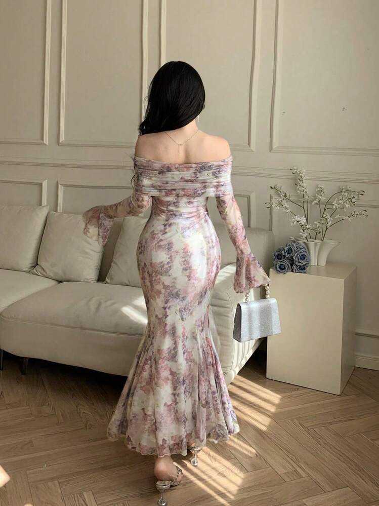 Wynsel فستان ملفوف بطبعة زهرية متوسط الطول للنساء، ملابس علوية أنيقة بأكتاف مكشوفة للربيع والصيف رمضان - متعدد الألوان - مشاهدة 4