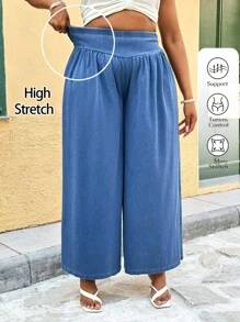 SHEIN MOD CURVE Women Plus Size Dark Blue Relaxed Fit Denim Pants,Summer Casual Vacation High Stretch Tummy Control Jeans,Spring Cottagecore Old Money Style Trousers - Blue - View 1