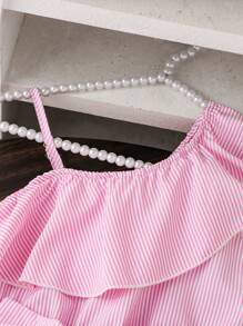 SHEIN Girls Elegant Striped One Shoulder Ruffle Bow Decor Cinched Waist Flared Dress - Multicolor - View 5