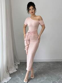 Elenzga 纹理露肩紧身鸡尾酒会礼服，后开衩，荷叶边下摆，复古风格，女士长款礼服 - 粉色 - 查看 7