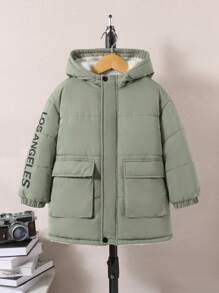 SHEIN Young Boy Letter Graphic Flap Pocket Drop Shoulder Hooded Padded Coat - Army Green - View 4