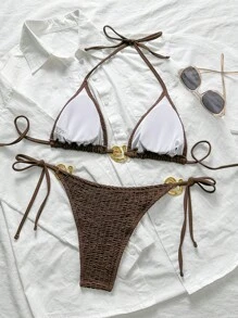 SHEIN Swim 2pcs Women Solid Color Metal Buckle Casual Vacation Bikini Set, Summer Beach - Brown - View 2