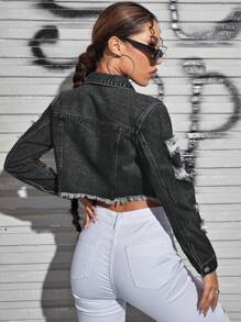 Jeanoix Ripped Raw Hem Denim Jacket - Dark Grey - View 2